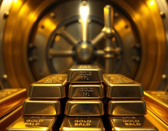 Stacked gold bars in a bank vault with soft lighting, representing steady gold prices.