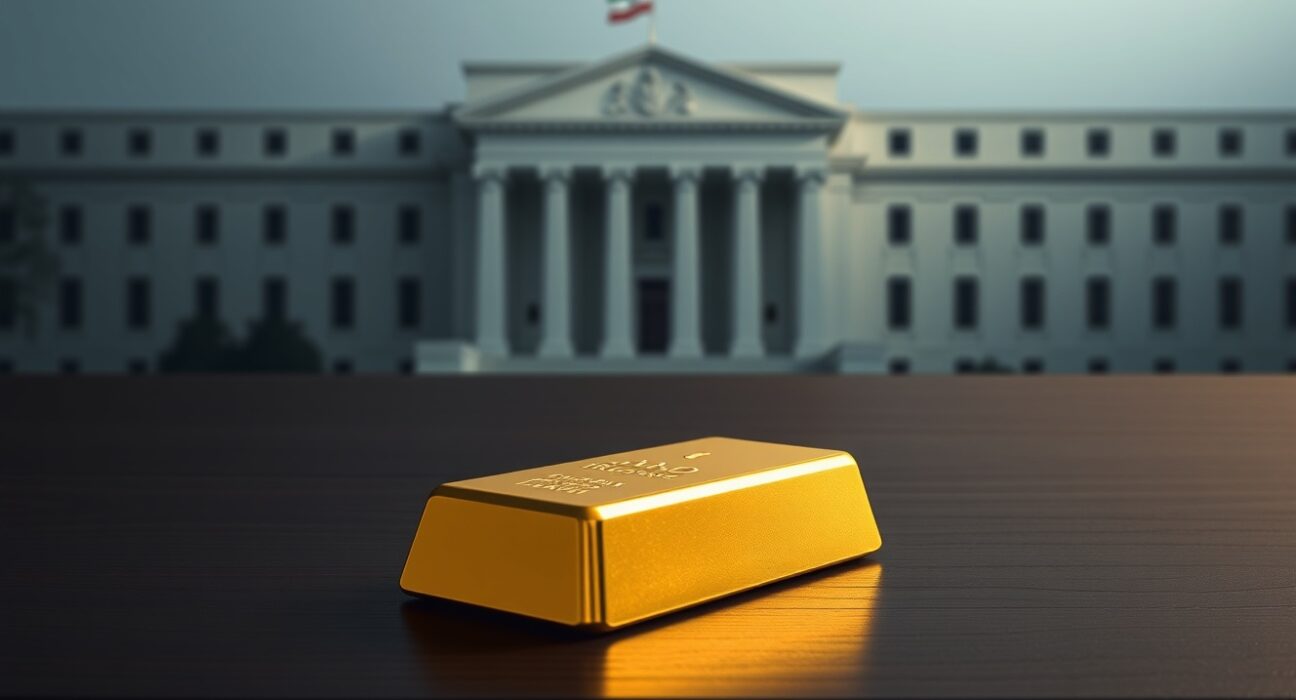 Gold bar with Iranian flag and Federal Reserve building reflection, representing gold price market sentiment and interest rate outlook