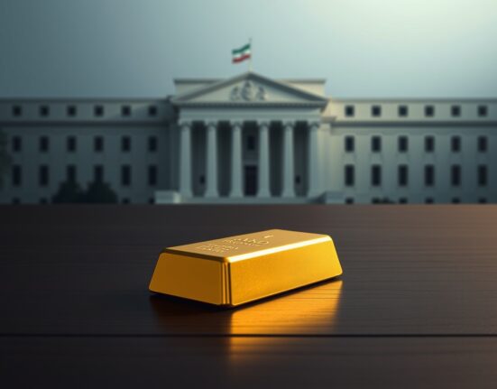 Gold bar with Iranian flag and Federal Reserve building reflection, representing gold price market sentiment and interest rate outlook