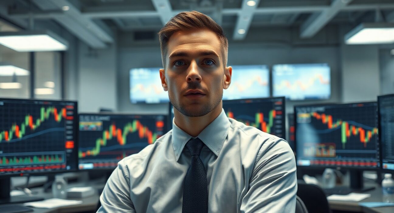 Trader monitoring gold price charts on multiple screens in a financial trading floor