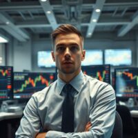 Trader monitoring gold price charts on multiple screens in a financial trading floor