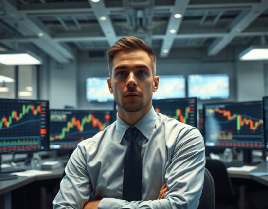 Trader monitoring gold price charts on multiple screens in a financial trading floor
