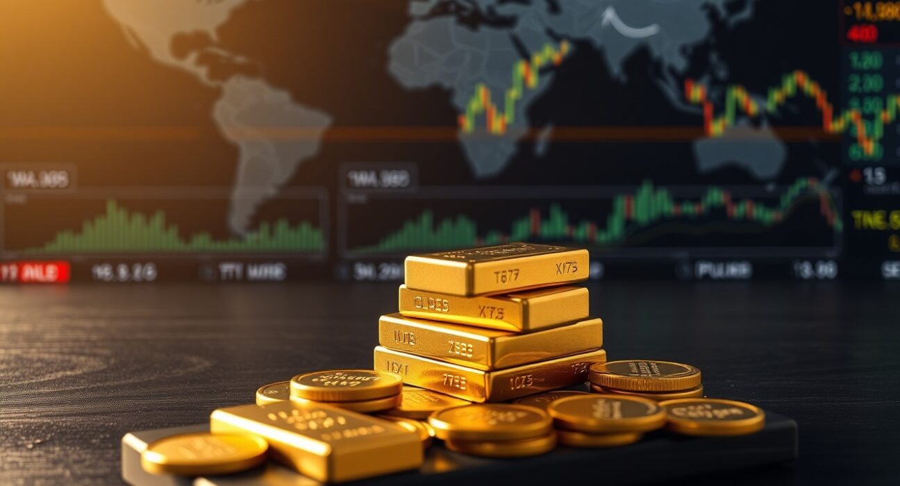 Gold bars and coins on a table with blurred financial market background
