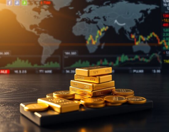 Gold bars and coins on a table with blurred financial market background