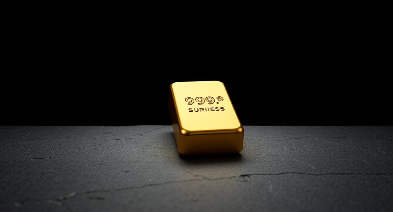 Gold bar reflecting light on a dark surface, representing the steady gold price near $4,600 amid the Fed rate decision.