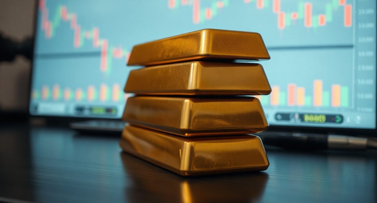 Stacked gold bars with a blurred financial chart in the background, representing gold market stability amid economic data and geopolitical news.