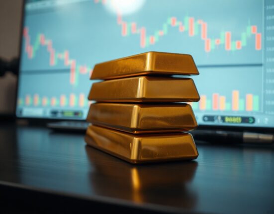 Stacked gold bars with a blurred financial chart in the background, representing gold market stability amid economic data and geopolitical news.