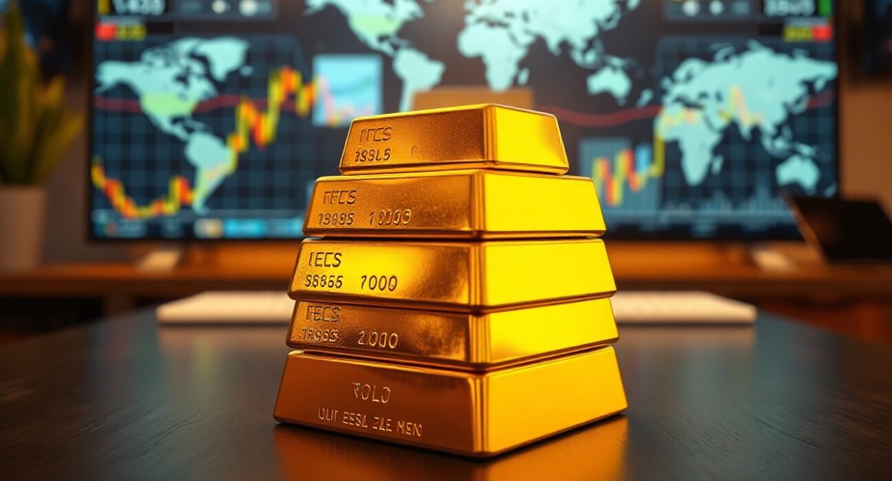 Gold bars on a table with a financial newsroom background, representing gold market stability amid geopolitical and monetary policy developments.