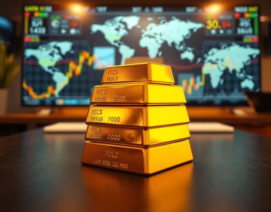 Gold bars on a table with a financial newsroom background, representing gold market stability amid geopolitical and monetary policy developments.