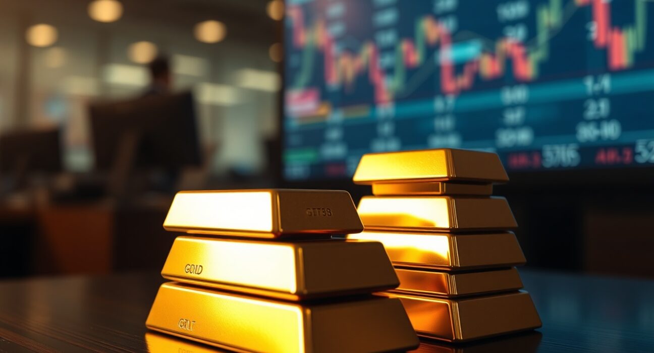Stacked gold bars on a table with a blurred financial background, representing safe-haven demand amid geopolitical tensions.