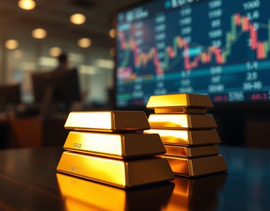 Stacked gold bars on a table with a blurred financial background, representing safe-haven demand amid geopolitical tensions.