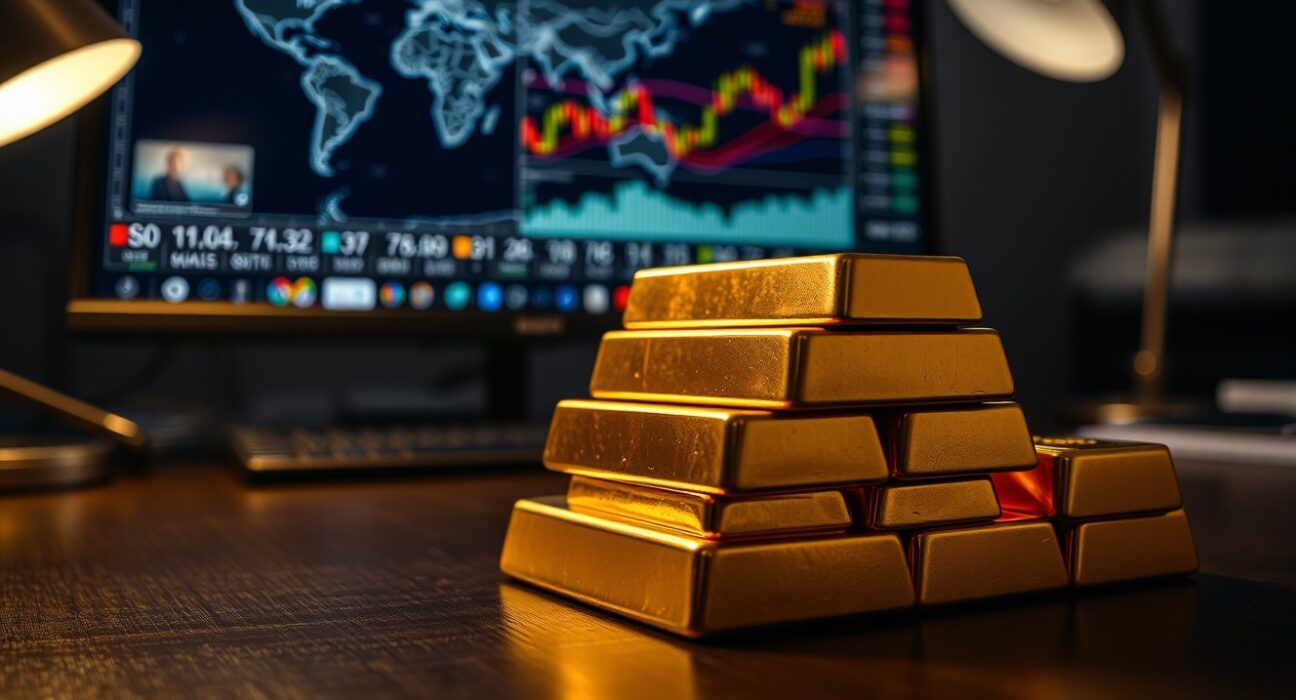 Close-up of gold bars on a table with a blurred financial news monitor in the background