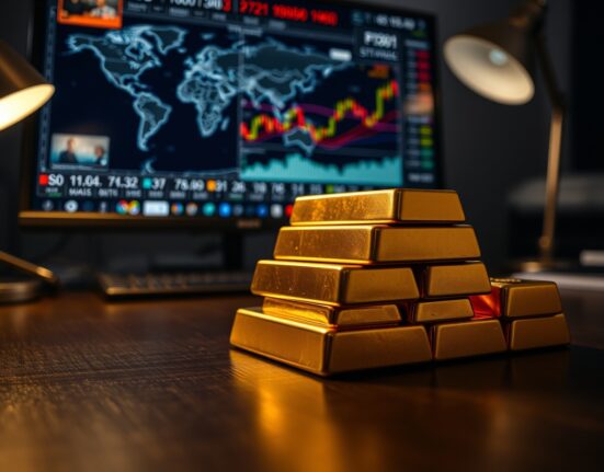 Close-up of gold bars on a table with a blurred financial news monitor in the background