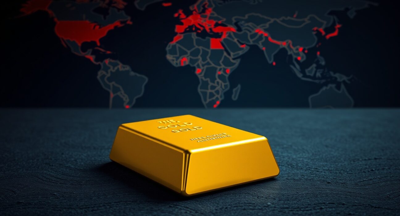 Gold bar on dark surface with global map showing conflict zones, representing gold price struggles around $4,700 amid war fears.