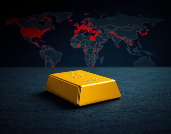 Gold bar on dark surface with global map showing conflict zones, representing gold price struggles around $4,700 amid war fears.