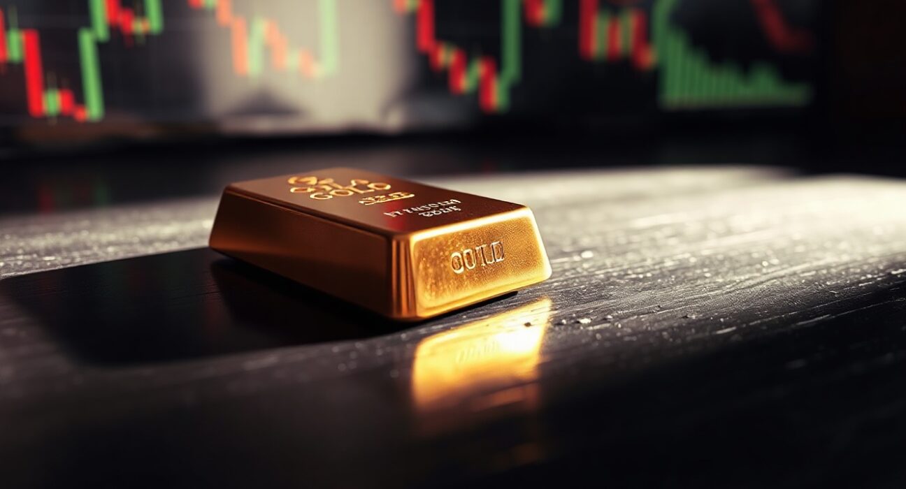 Gold bar on a wooden surface with a blurred financial chart in the background.