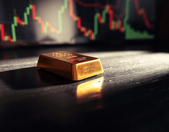 Gold bar on a wooden surface with a blurred financial chart in the background.