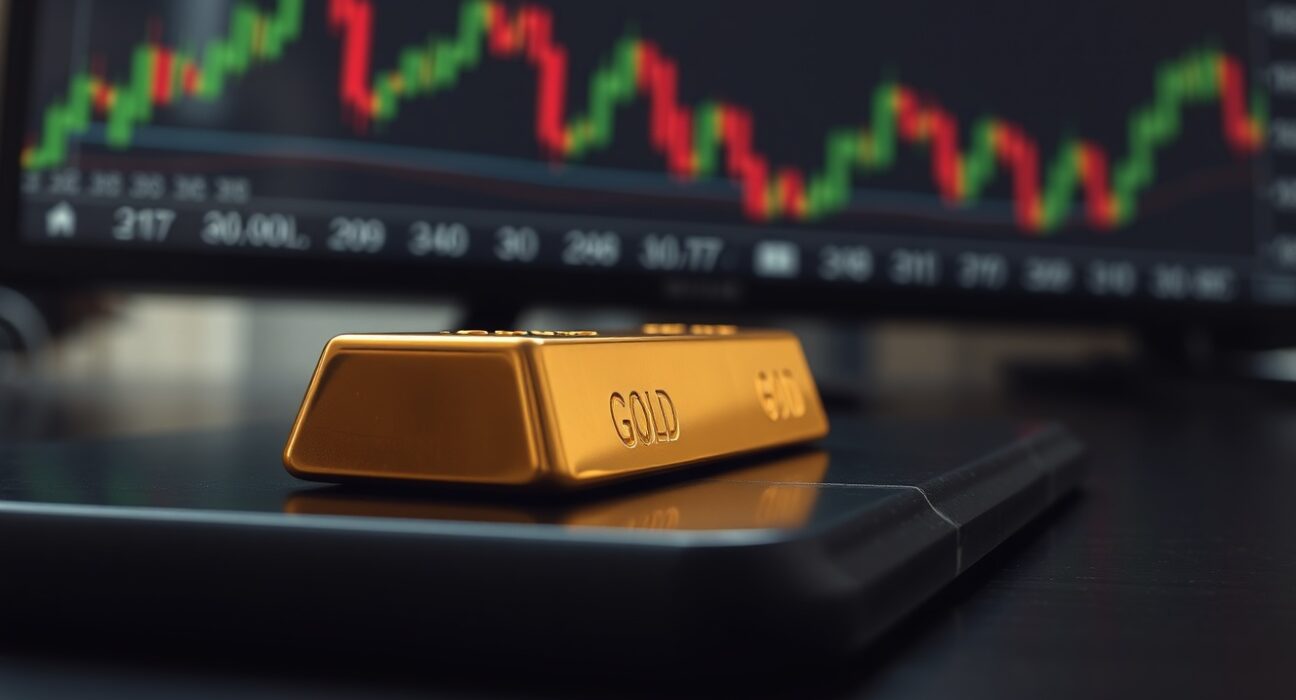 Gold bar on wooden surface with financial charts in background