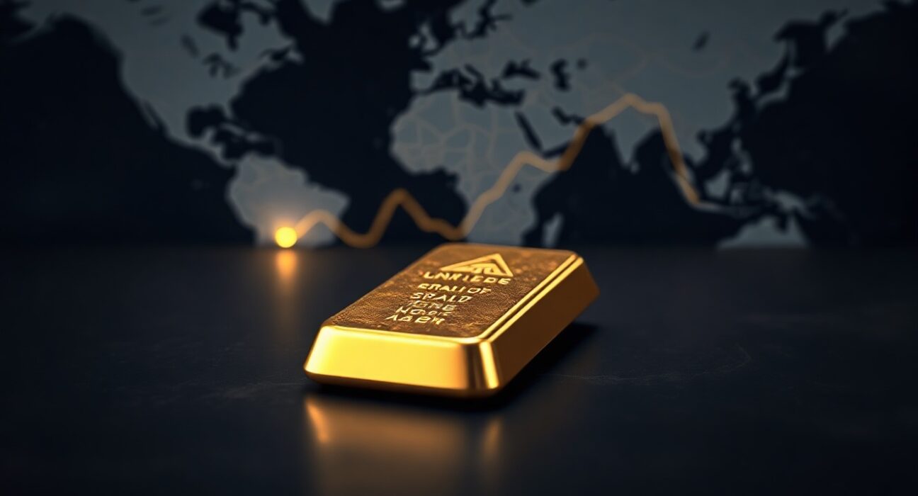 Gold bar on dark surface with world map and chart overlay in background representing market uncertainty.