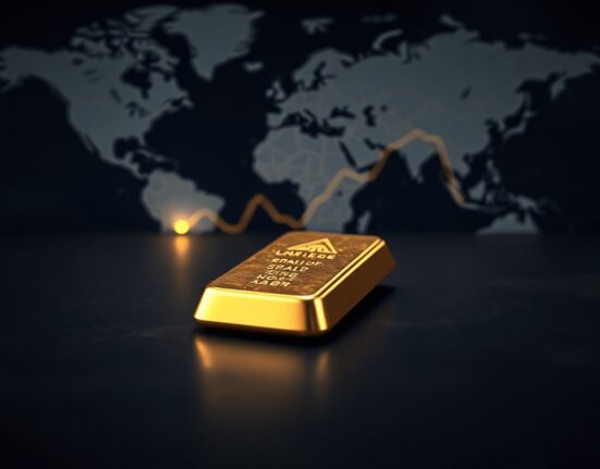 Gold bar on dark surface with world map and chart overlay in background representing market uncertainty.