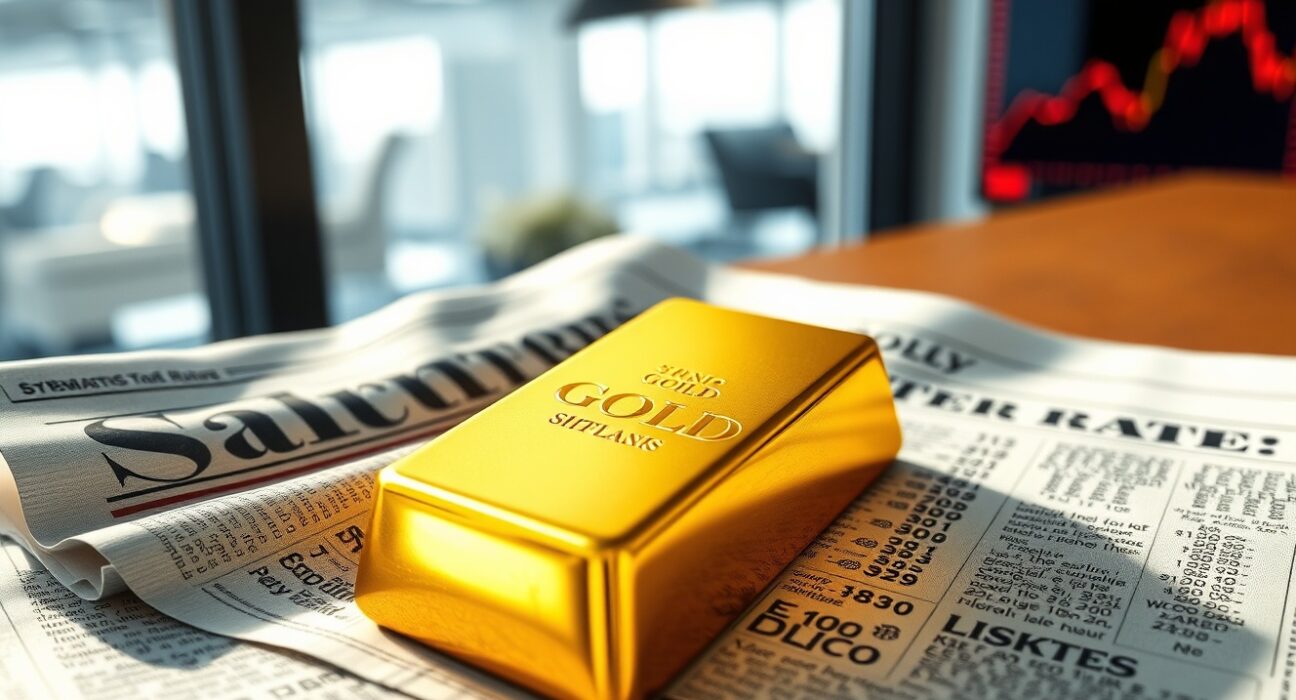Gold bar on financial newspaper representing gold price struggle against interest rate bets