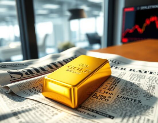Gold bar on financial newspaper representing gold price struggle against interest rate bets
