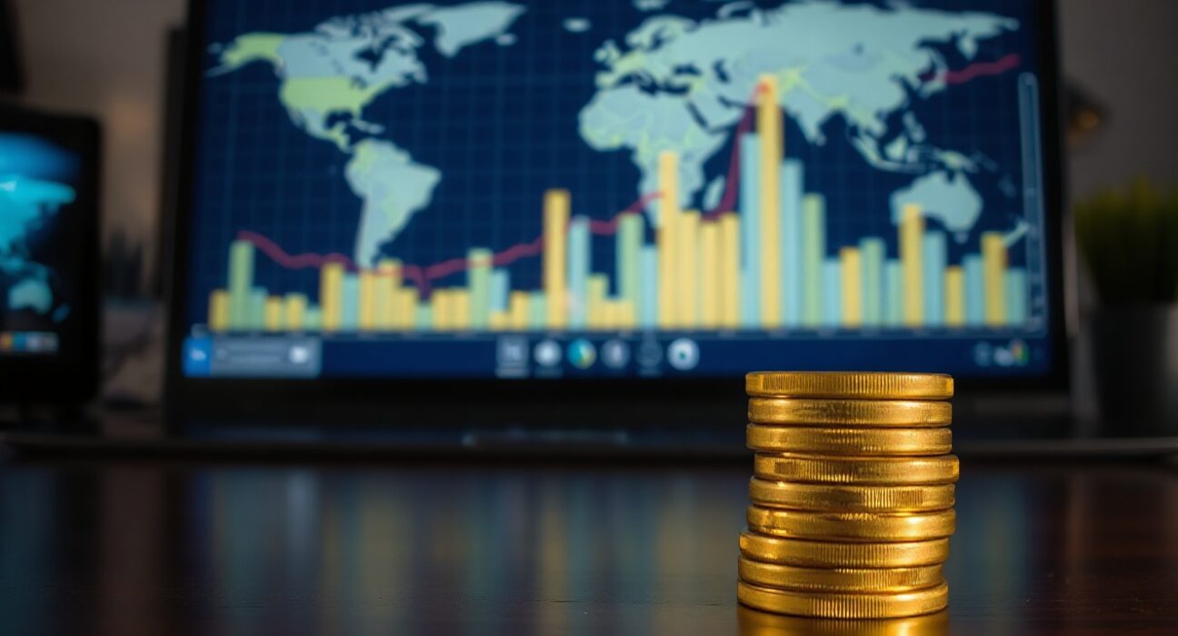 Close-up of gold bars and coins on a desk with a blurred financial chart in the background