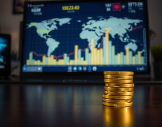 Close-up of gold bars and coins on a desk with a blurred financial chart in the background