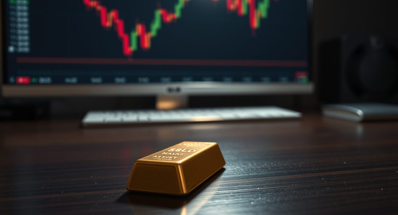 Gold bar with a downward-trending financial chart in the background, representing market pressure from inflation and Fed rate hike expectations.