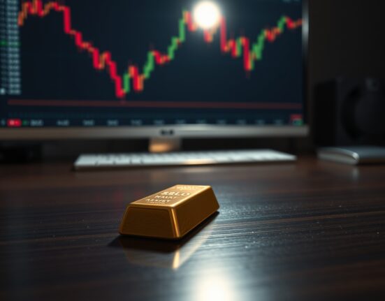 Gold bar with a downward-trending financial chart in the background, representing market pressure from inflation and Fed rate hike expectations.