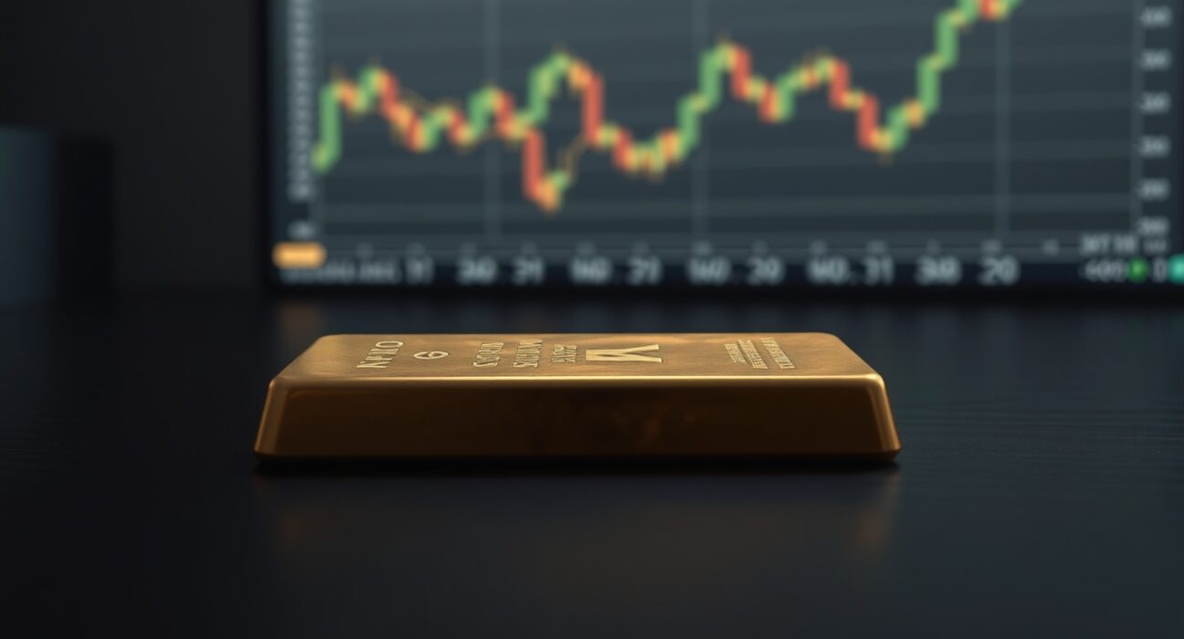Gold bar on dark wood with soft lighting, representing gold price weakness amid Fed rate hike expectations.