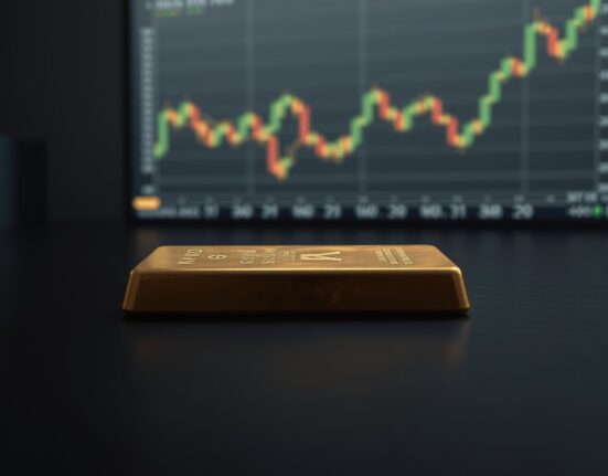 Gold bar on dark wood with soft lighting, representing gold price weakness amid Fed rate hike expectations.