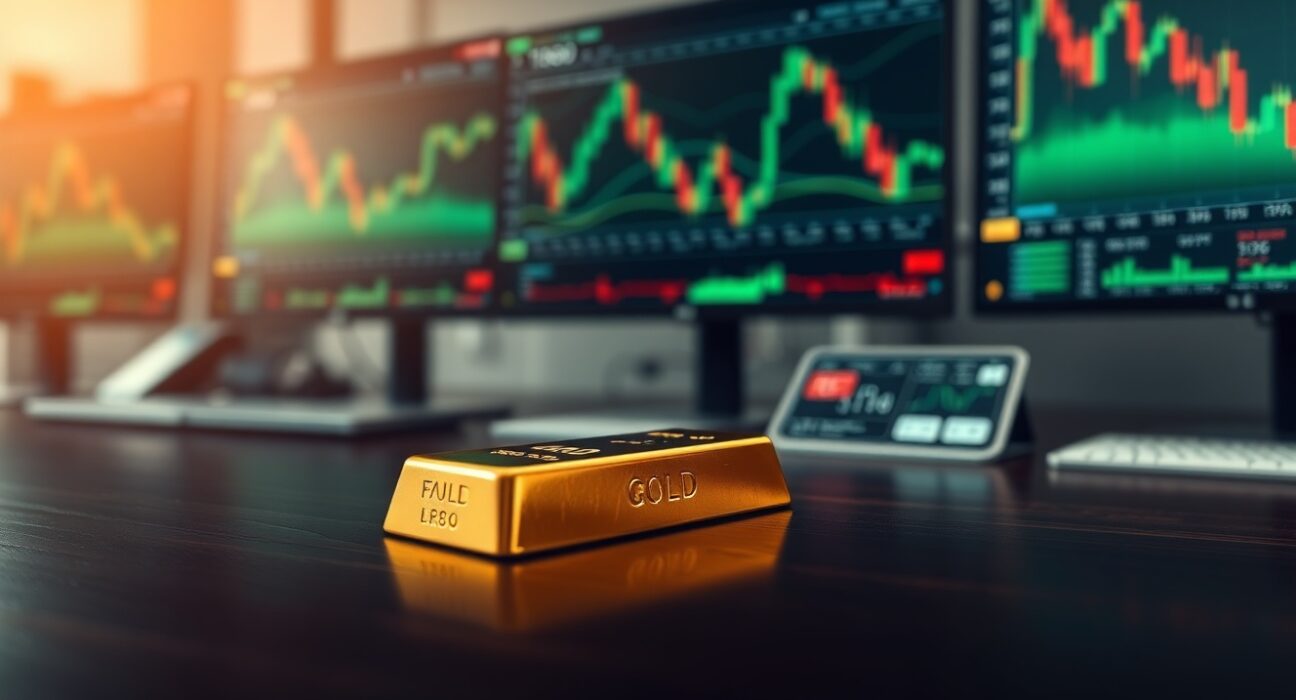 Close-up of a gold bar on a trading desk with financial charts in the background
