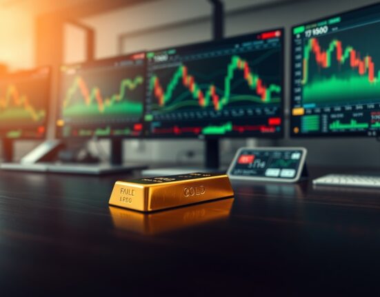 Close-up of a gold bar on a trading desk with financial charts in the background