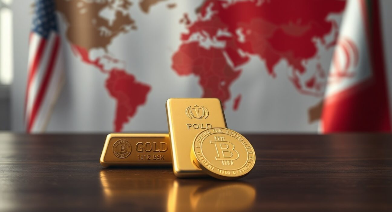 Gold bar and coin on dark wood with blurred US and Iranian flags in background, representing gold price struggles amid US-Iran stalemate