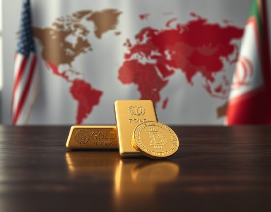 Gold bar and coin on dark wood with blurred US and Iranian flags in background, representing gold price struggles amid US-Iran stalemate