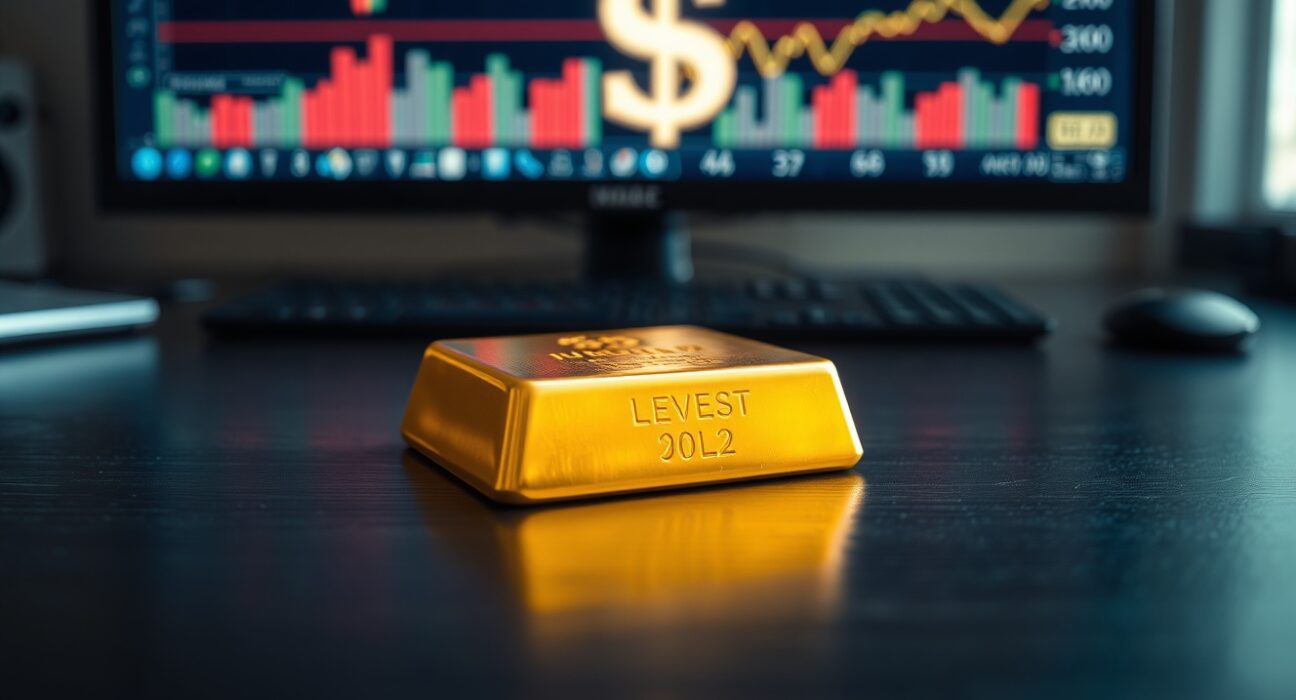 A single gold bar on a dark surface with financial charts and dollar symbols in the blurred background, representing market pressure.