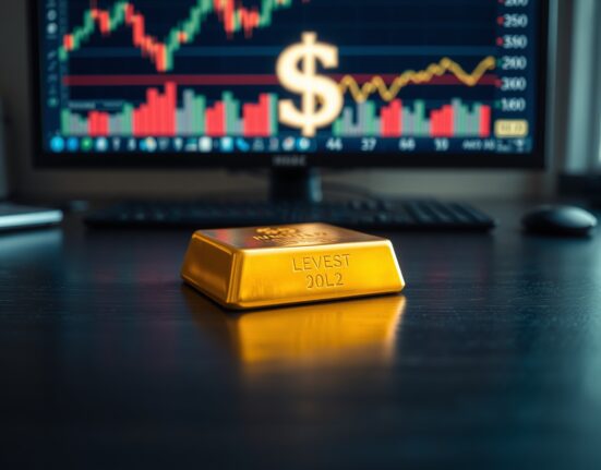 A single gold bar on a dark surface with financial charts and dollar symbols in the blurred background, representing market pressure.