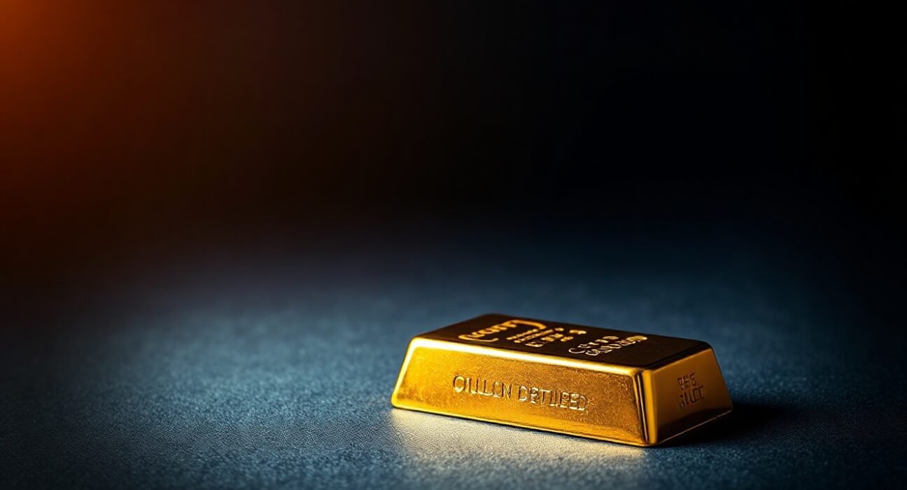 Gold bar on dark background representing price support at $4,100 level