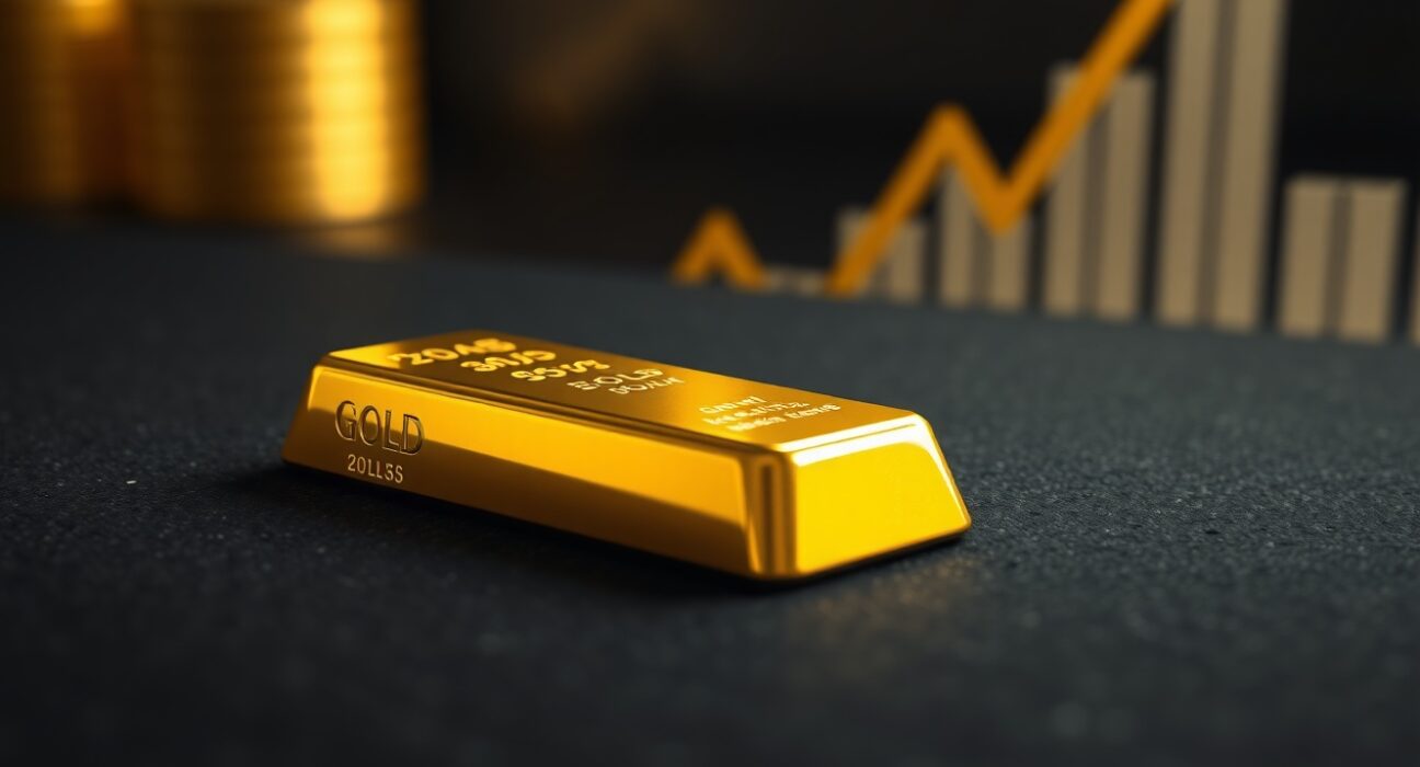 Gold bullion bar representing price surge amid Iran nuclear negotiations and dollar weakness.
