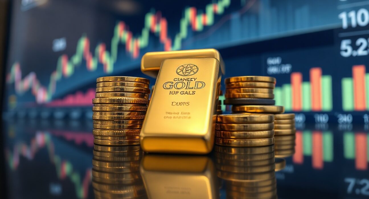Gold bars and coins with a blurred financial chart in the background, symbolizing the precious metal's price surge.
