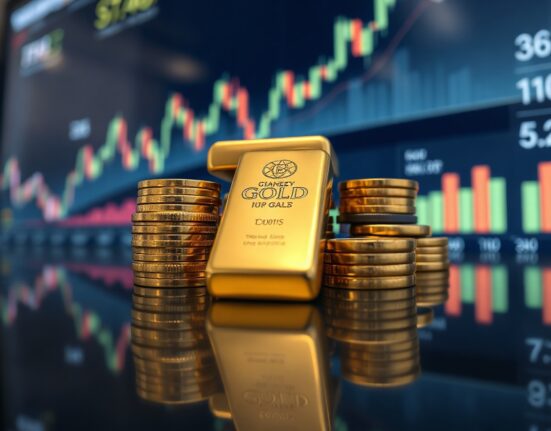 Gold bars and coins with a blurred financial chart in the background, symbolizing the precious metal's price surge.