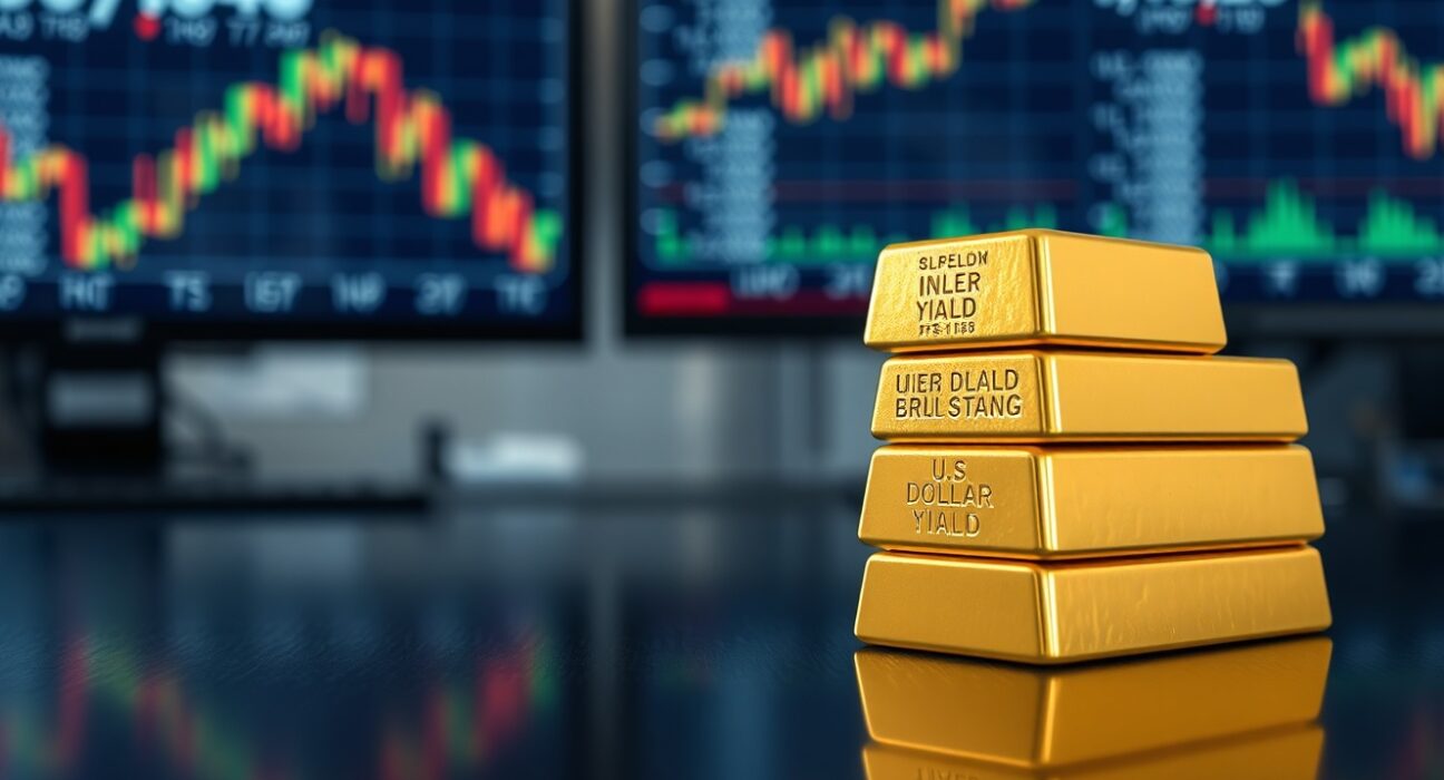 Stacked gold bars with blurred financial monitors showing declining dollar and yield charts