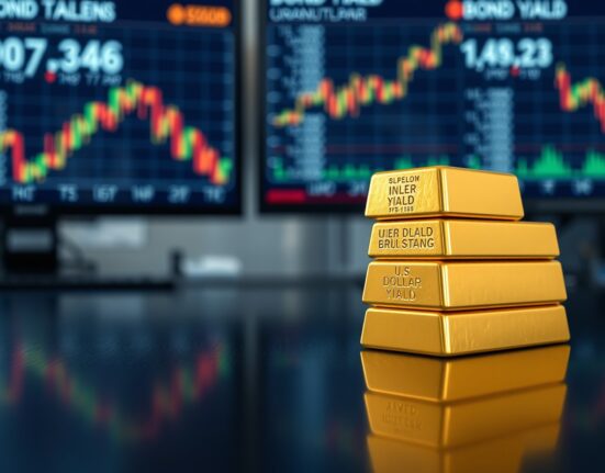 Stacked gold bars with blurred financial monitors showing declining dollar and yield charts