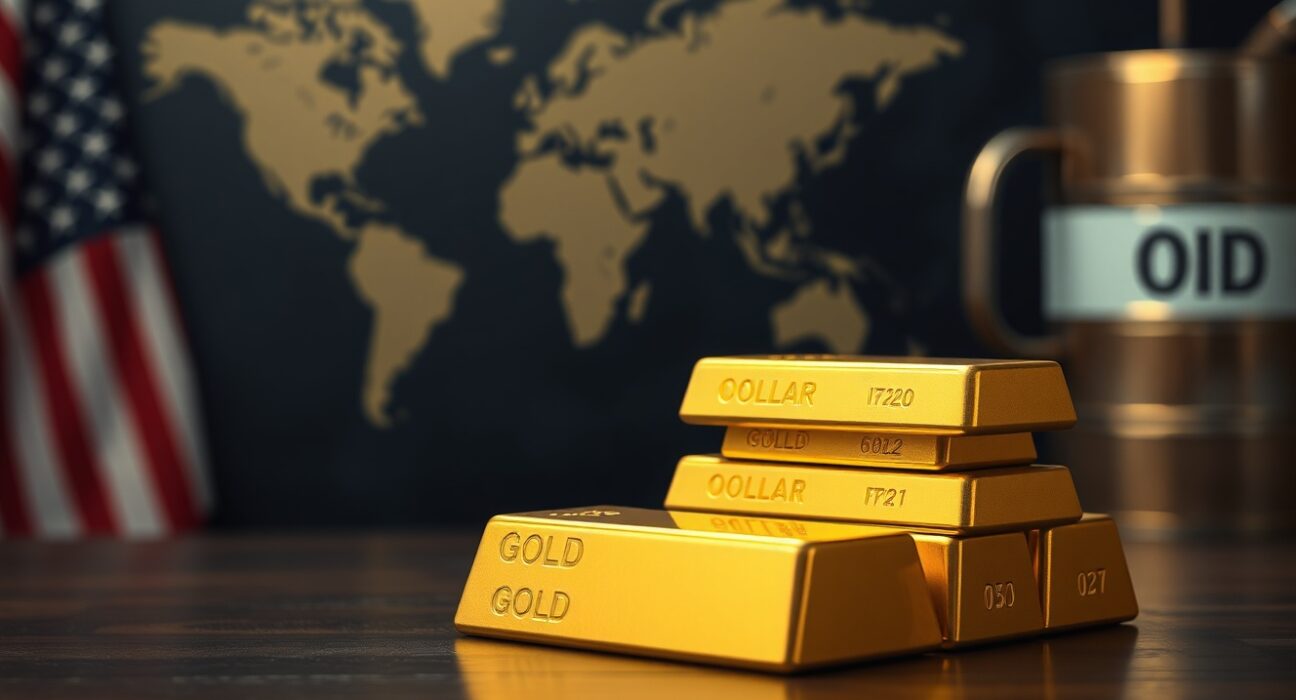 Stacked gold bars with blurred map and flag background representing geopolitical market shifts.