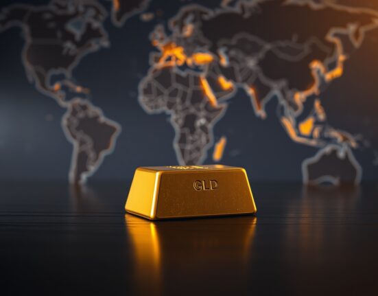Gold bar on wooden surface with blurred world map background representing geopolitical market shifts
