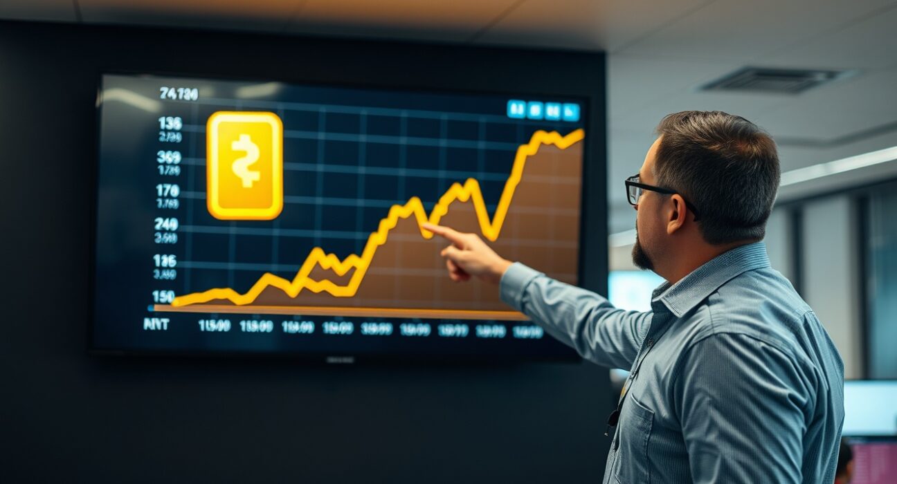 Financial analyst pointing to a screen showing a rising gold price chart and a gold bar icon.