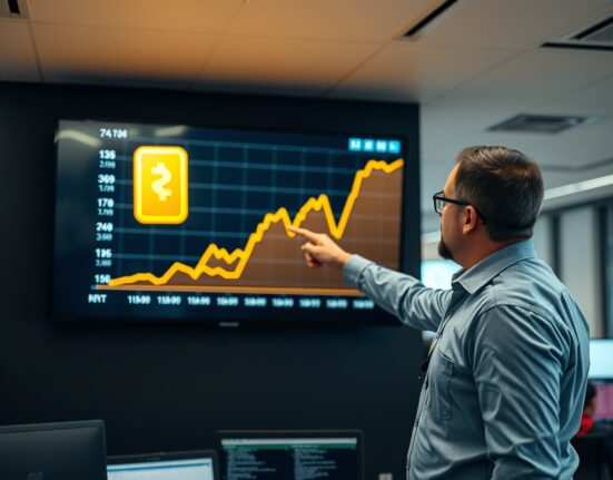 Financial analyst pointing to a screen showing a rising gold price chart and a gold bar icon.