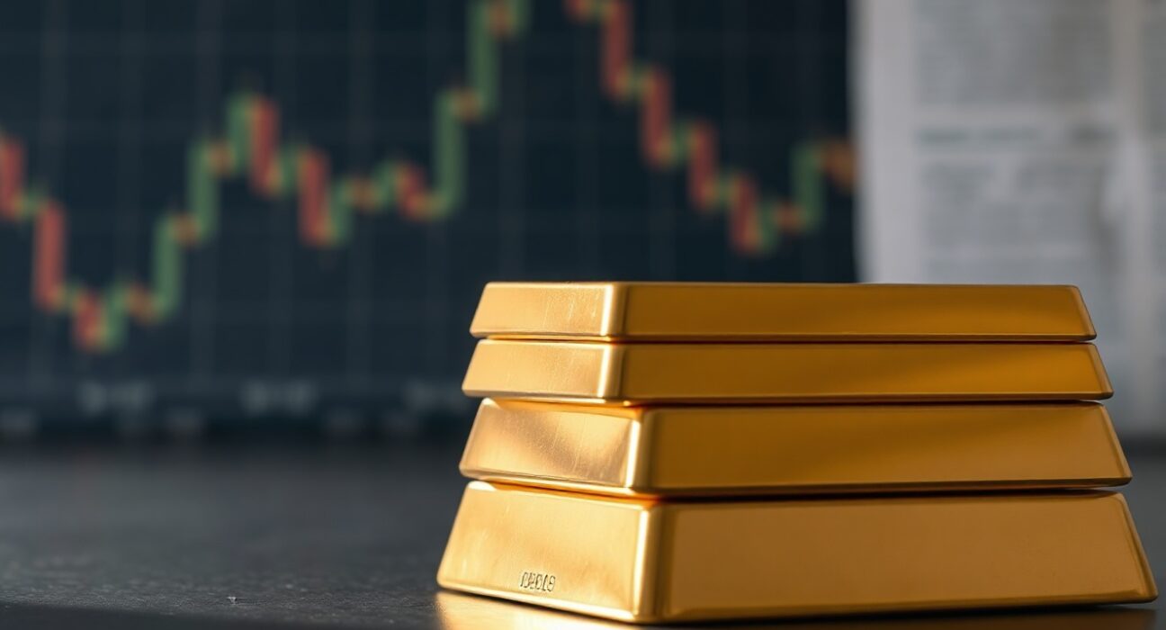 Stacked gold bars with soft lighting and blurred financial charts in background