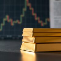 Stacked gold bars with soft lighting and blurred financial charts in background